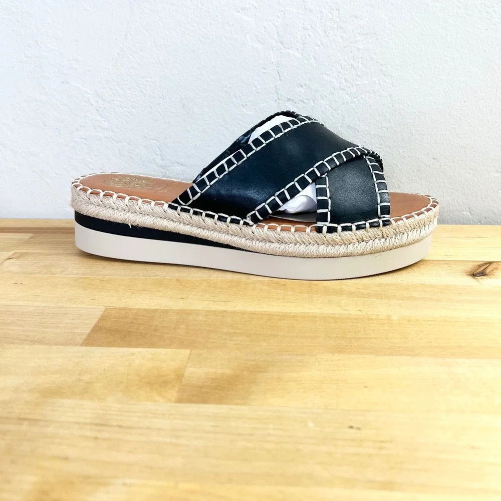 Vince‎ Camuto Belisnda Black Leather Espadrille Platform Slide Sandals Size 7 W